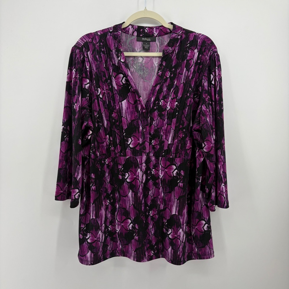 Style & Co Womens 1X Purple Floral Tunic V-Neck 3/4 Sleeve Empire Waist Top